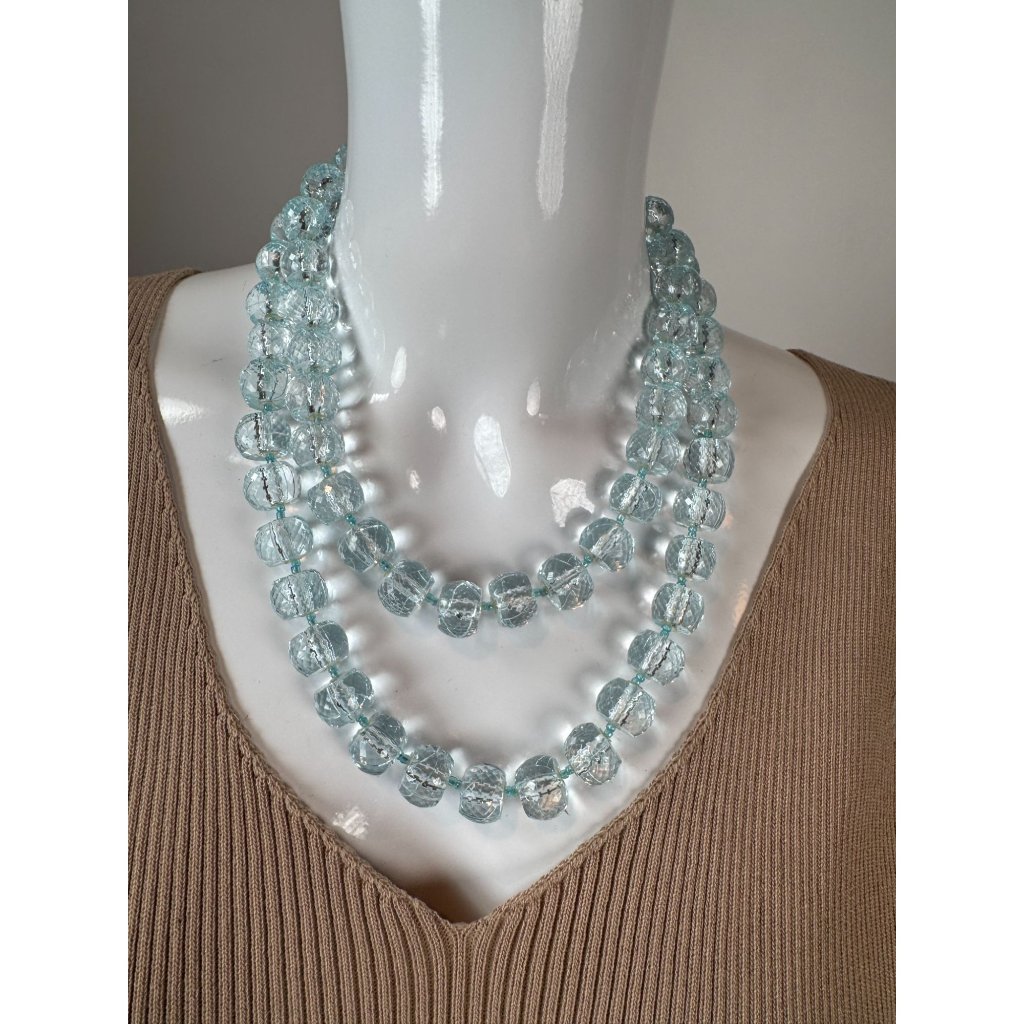 Vintage Esmor Long Single Strand Aqua Blue Faceted Glass Bead Necklace 18 Inches